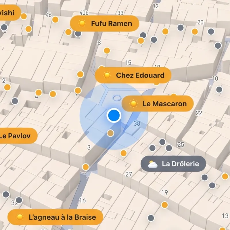 Carte Solaro avec plusieurs cafés du quartier épinglés, leurs noms apparaissant à côté d'icônes soleil ou nuage selon l'ensoleillement.