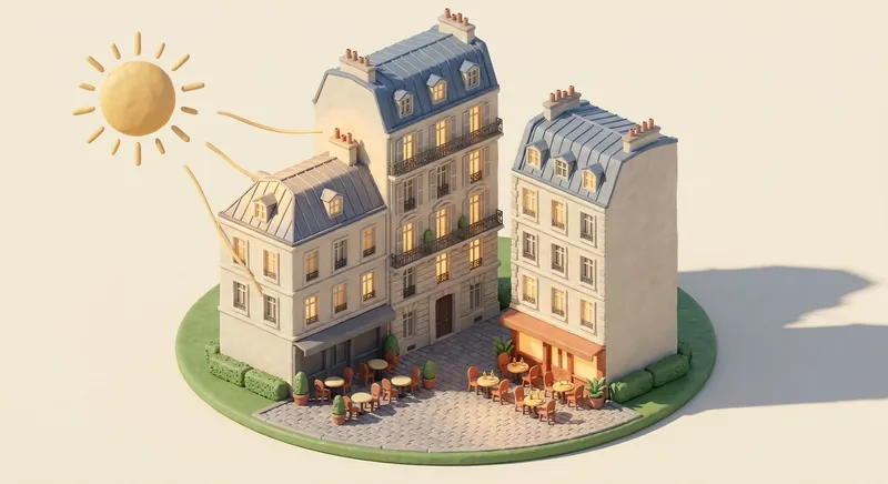Mini-diorama isométrique : un soleil bas-gauche, trois immeubles haussmanniens, et leurs ombres projetées sur les terrasses au sol.