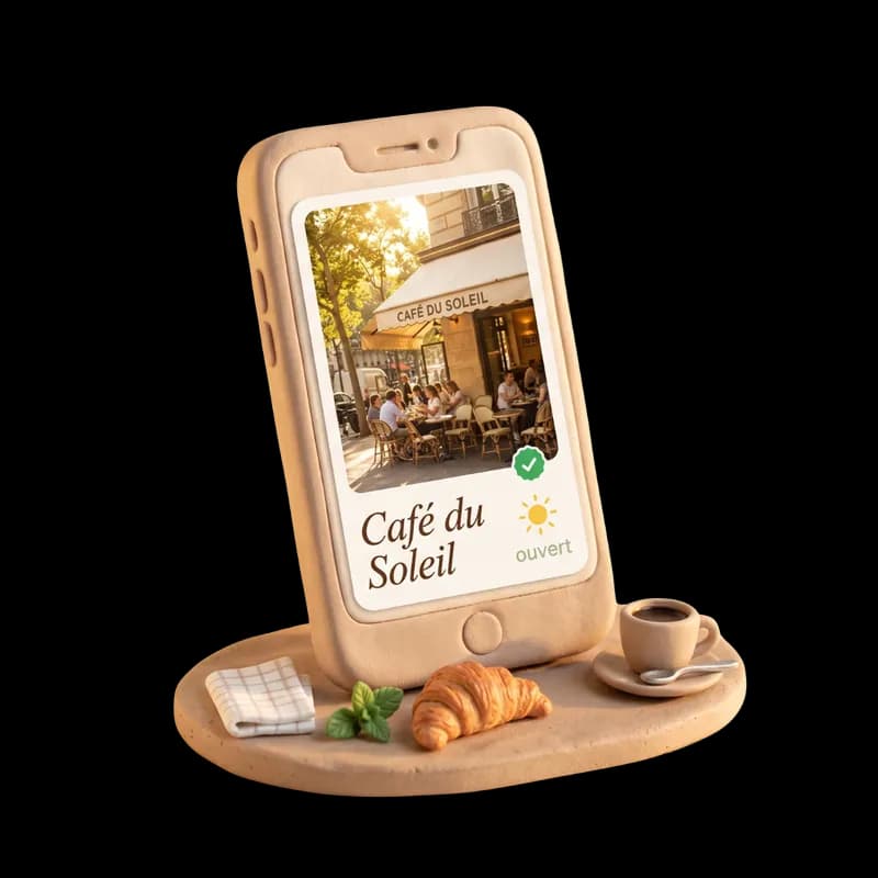 Illustration claymation d'un smartphone montrant la fiche d'un café au soleil, avec des photos de terrasse et un badge vérifié.