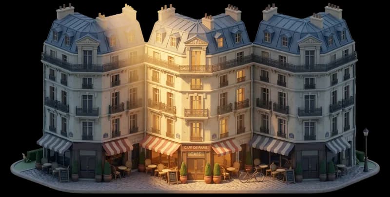 Illustration claymation de trois immeubles haussmanniens alignés, l'immeuble central est baigné de soleil tandis que les deux autres sont à l'ombre.