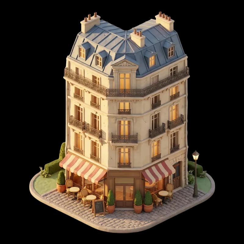 Illustration claymation d'un immeuble haussmannien parisien avec une terrasse de café baignée de soleil au rez-de-chaussée.